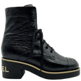 Load image into Gallery viewer, Chanel Black Crinkled Patent Leather Lace Up Combat Boots