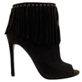 Load image into Gallery viewer, Prada Dark Brown Suede Fringe Peep Toe Booties