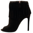 Load image into Gallery viewer, Prada Dark Brown Suede Fringe Peep Toe Booties