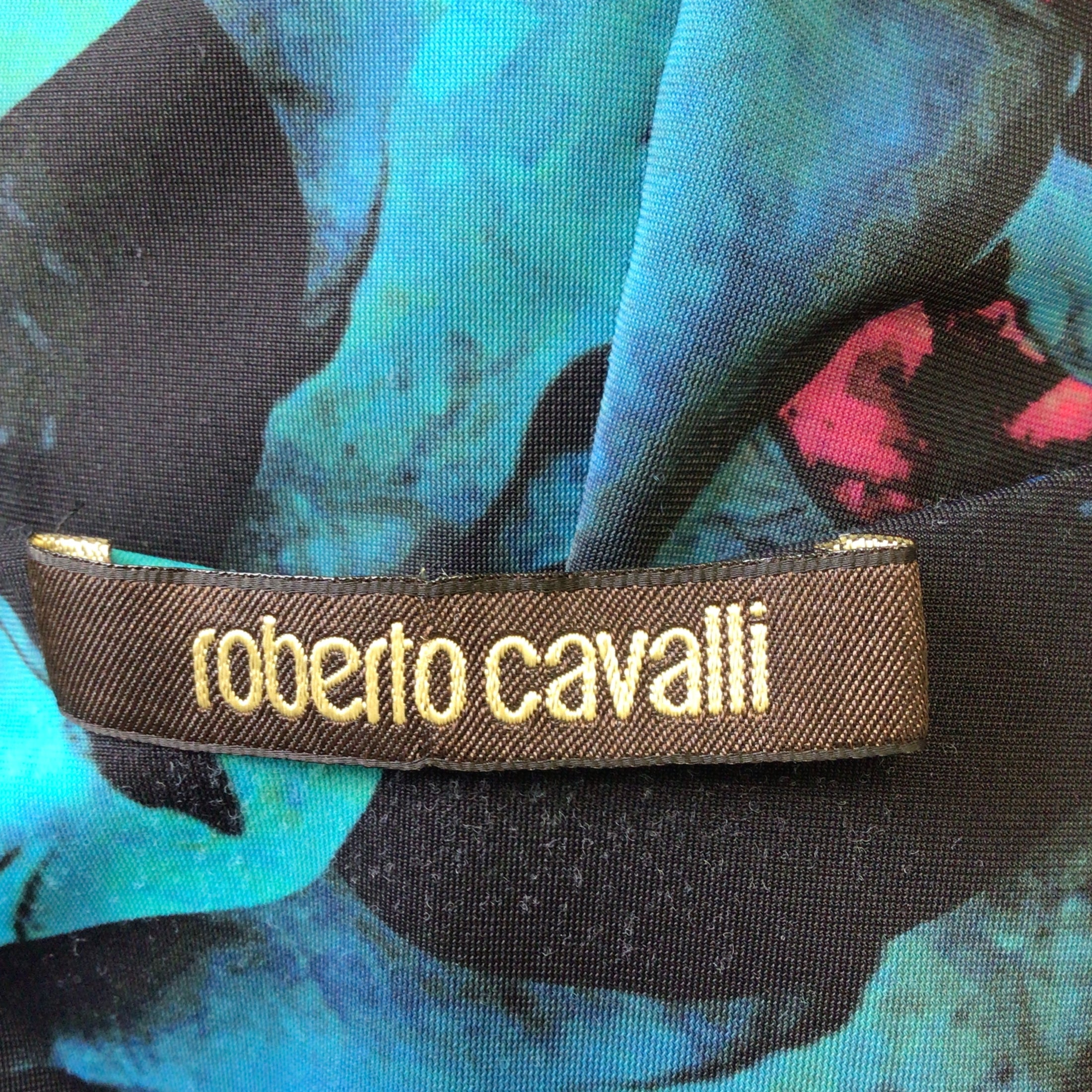 Roberto Cavalli Blue / Pink Multi Printed Jersey Stretch Midi Dress