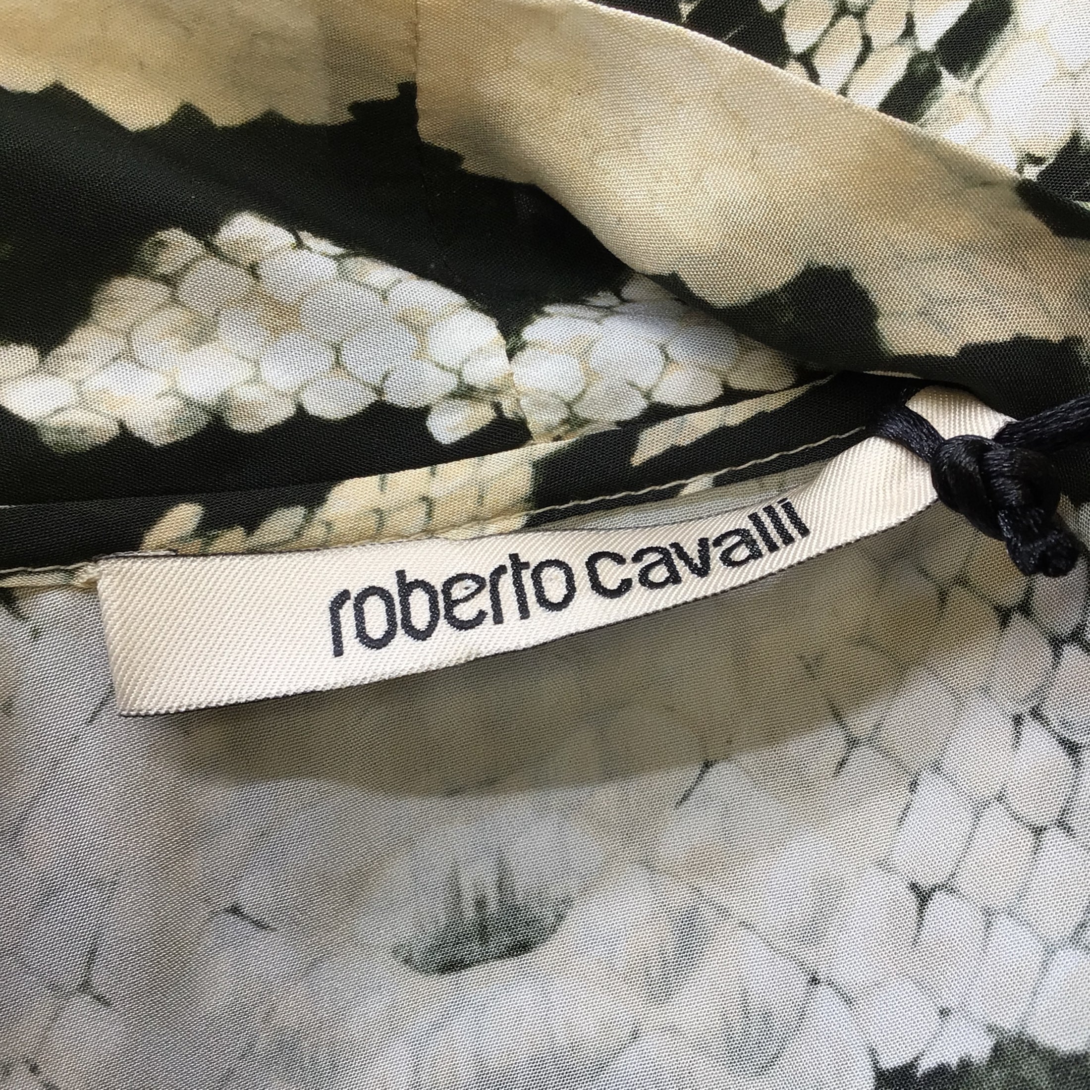 Roberto Cavalli Ivory / Tan / Black Multi Animal Print Tie-Neck Paneled Top