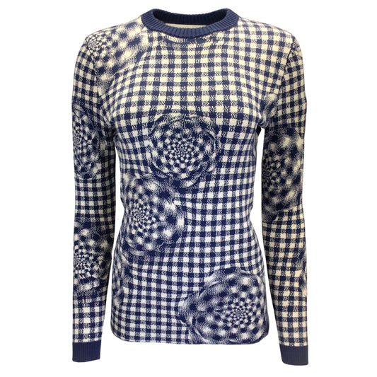 Brandon Maxwell Navy Blue / White Floral Gingham Long Sleeved Wool Crewneck Sweater