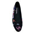 Load image into Gallery viewer, Chanel Navy Blue Multi CC Logo Printed Bow Detail Cap Toe Satin Ballerina Ballet Flats