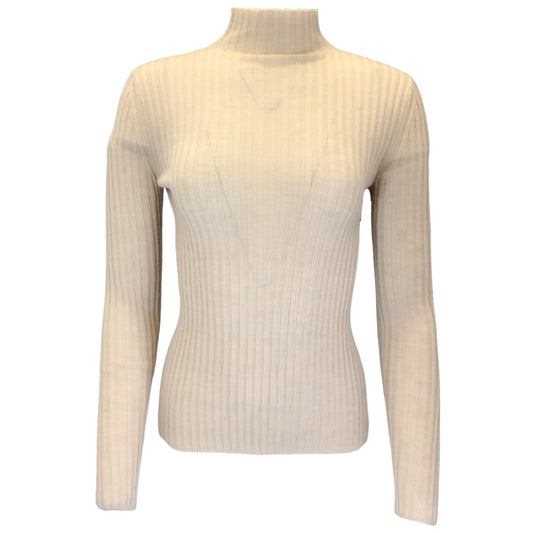 Hermes Tan Long Sleeved Mock Neck Ribbed Knit Cashmere Sweater