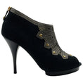 Load image into Gallery viewer, Oscar de la Renta Black Suede Peep Toe Booties with Gold Embroidery