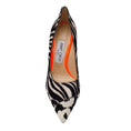 Load image into Gallery viewer, Jimmy Choo Black / White Love 100 Asymmetric Genuine Calf Hair Pointed Toe Pump in Zebra Print Calf Hair