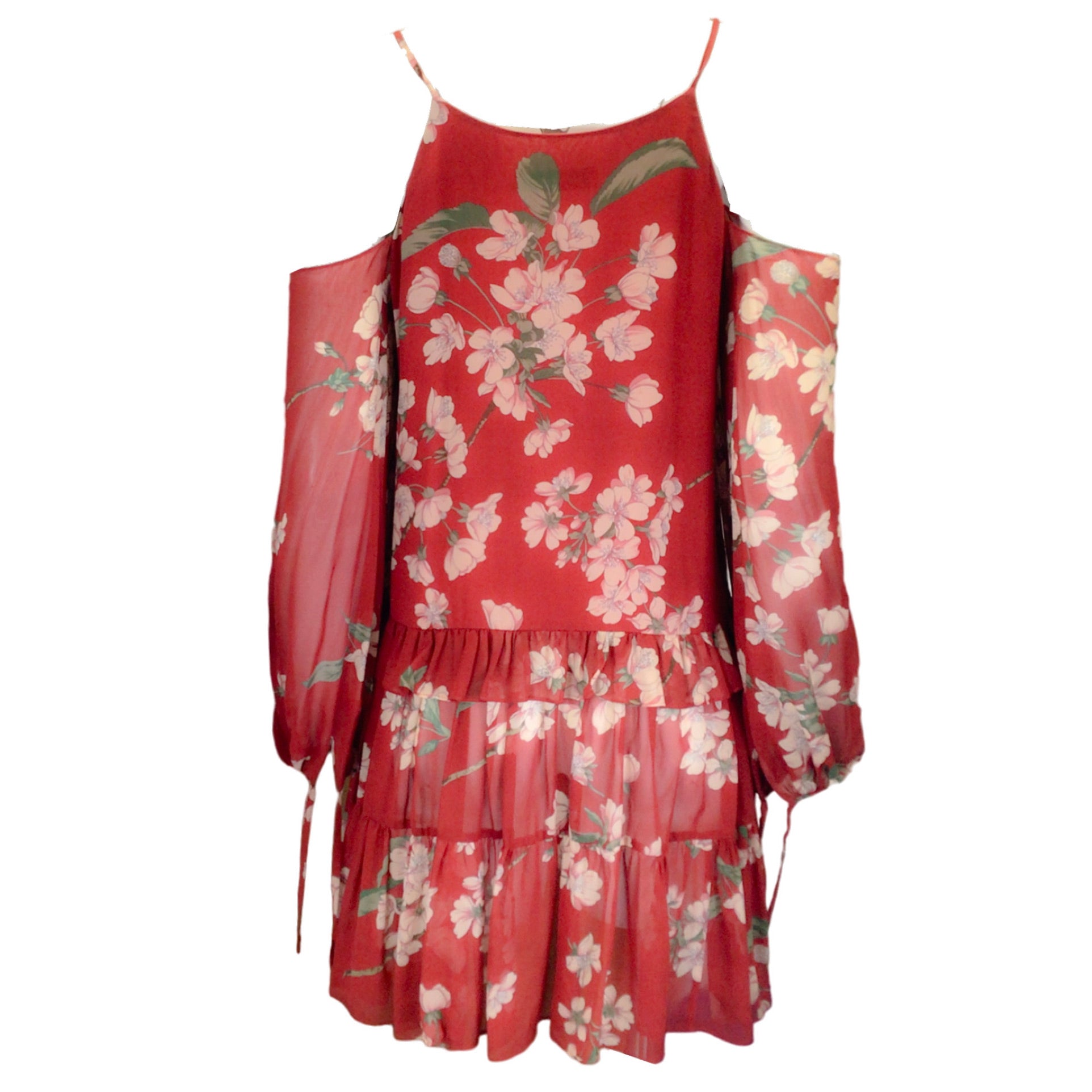 Magda Butrym Red Multi Floral Printed Cold Shoulder Silk Dress