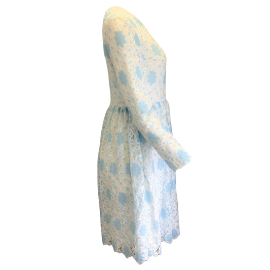 Huishan Zhang Light Blue / White Long Sleeved Embroidered Crochet Lace Dress
