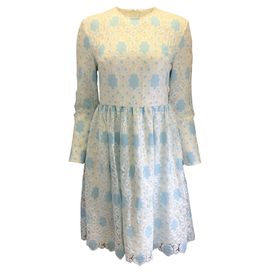 Huishan Zhang Light Blue / White Long Sleeved Embroidered Crochet Lace Dress