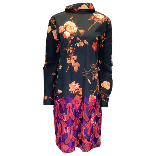 Dries Van Noten Black Multi Floral Printed Long Sleeved Embroidered Cotton Dress