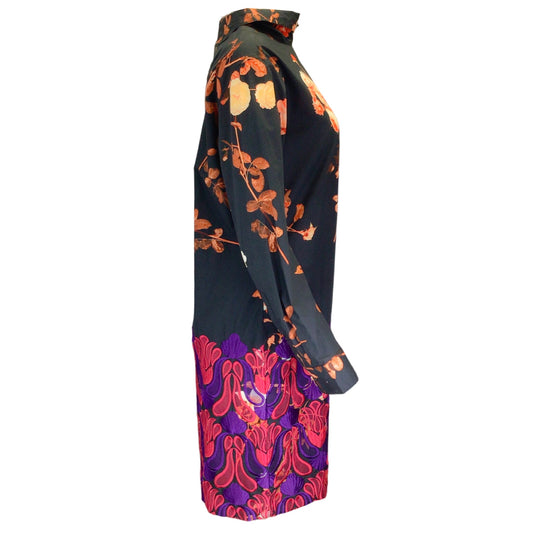 Dries Van Noten Black Multi Floral Printed Long Sleeved Embroidered Cotton Dress