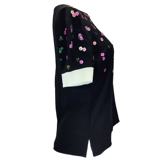 Andrew Gn Black Multi Floral Sequined Short Sleeved Silk Blouse