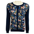Load image into Gallery viewer, Erdem Navy Blue Multi Merino Wool and Cashmere Knit Cardigan Sweater with Silk Chiffon Scarf Print