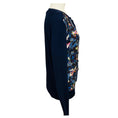 Load image into Gallery viewer, Erdem Navy Blue Multi Merino Wool and Cashmere Knit Cardigan Sweater with Silk Chiffon Scarf Print