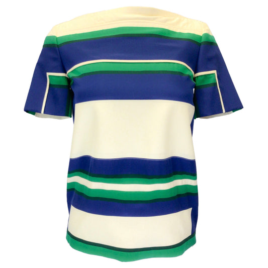 Celine Ivory / Blue / Green Striped Short Sleeved Silk Blouse