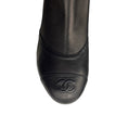 Load image into Gallery viewer, Chanel Black Interlocking CC Logo Cap Toe Over-the-Knee Thigh High Stretch Smooth Lambskin Leather Boots with CC Logo Grosgrain Bow Accent