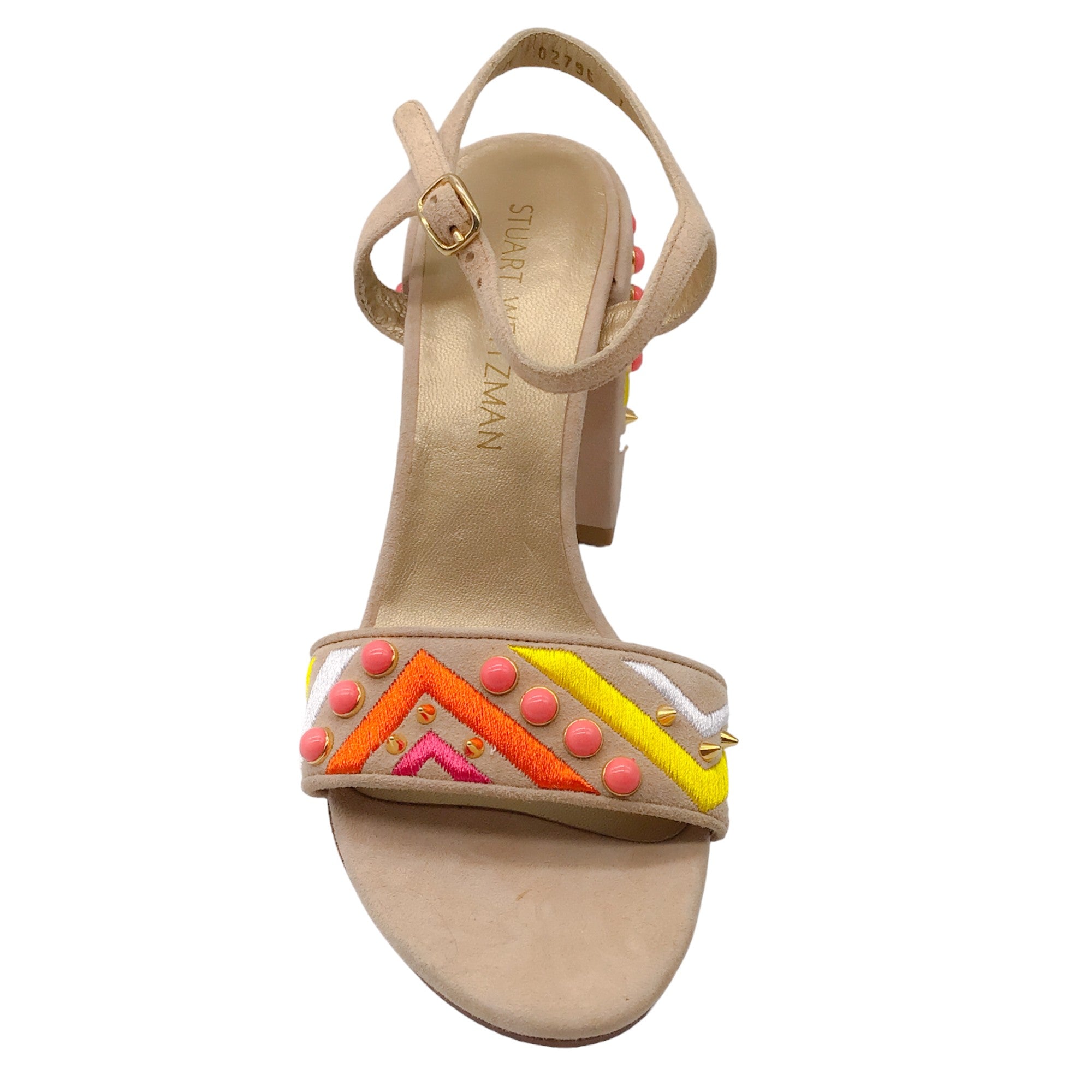 Stuart Weitzman Beige Multi Embellished Suede Ankle Strap Sandals