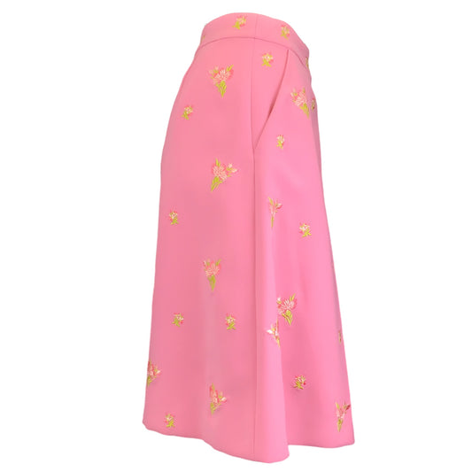 Moschino Couture Pink / Green 2020 Floral Embroidered A-Line Crepe Midi Skirt