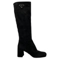 Load image into Gallery viewer, Prada Black / Silver Logo Plaque Heeled Tall Suede Leather Boots