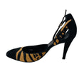 Load image into Gallery viewer, Salvatore Ferragamo Tan / Black Animal Print Patterned Calf Hair Ankle Strap Pumps with Black Suede Cap Toe
