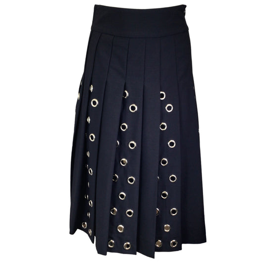 Duncan Black / Silver Grommet Detail Pleated Wool Midi Skirt
