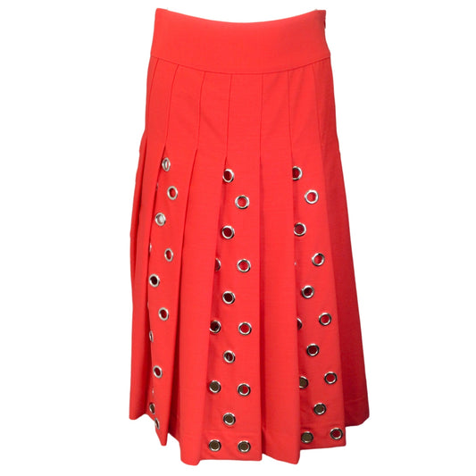 Duncan Red / Silver Grommet Detail Pleated Wool Midi Skirt