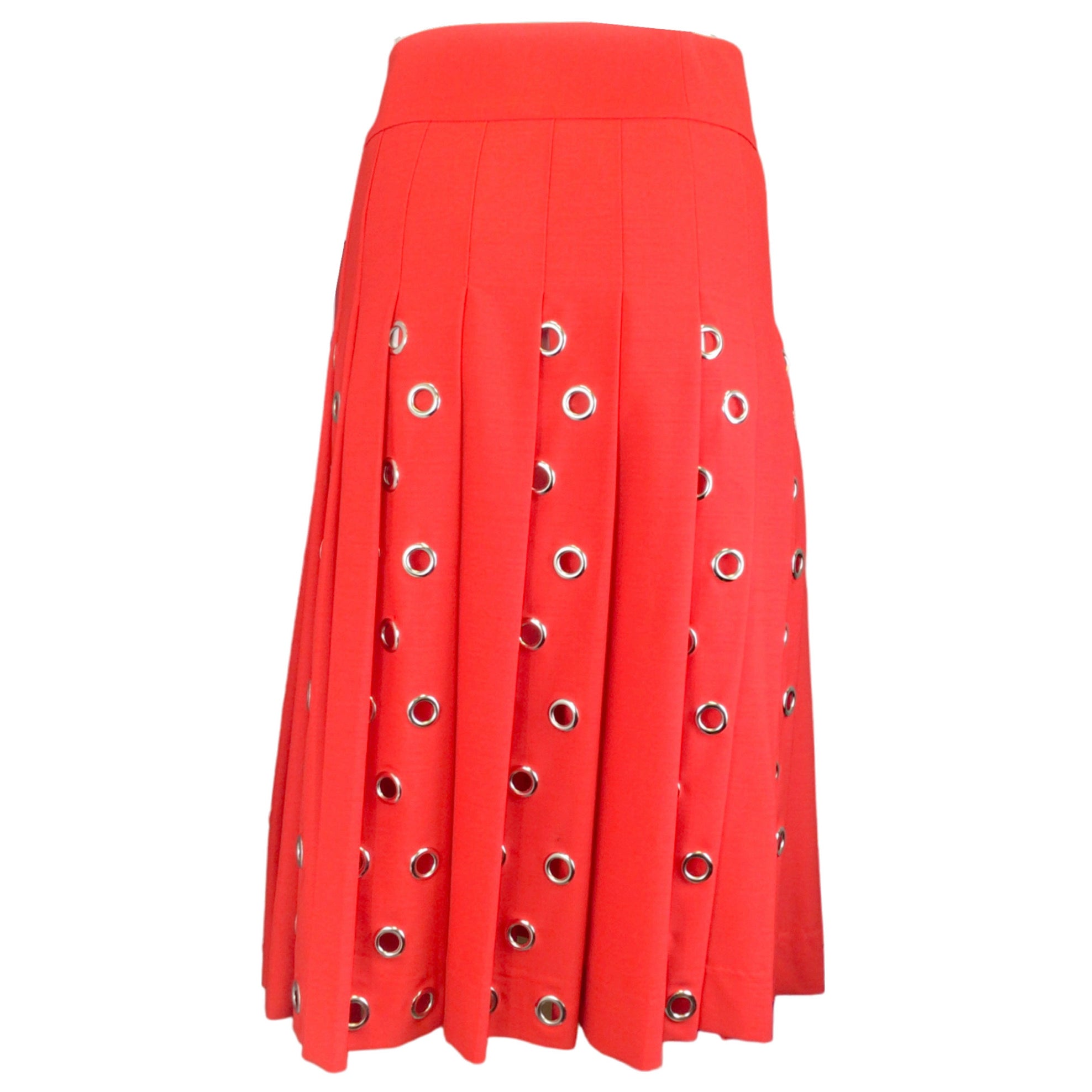 Duncan Red / Silver Grommet Detail Pleated Wool Midi Skirt