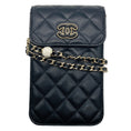 Load image into Gallery viewer, Chanel Black CC Logo Resin Heart Classic Quilted Leather Phone Holder Bag with Chain Strap and Gold Hardware