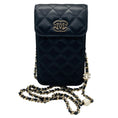 Load image into Gallery viewer, Chanel Black CC Logo Resin Heart Classic Quilted Leather Phone Holder Bag with Chain Strap and Gold Hardware