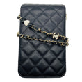 Load image into Gallery viewer, Chanel Black CC Logo Resin Heart Classic Quilted Leather Phone Holder Bag with Chain Strap and Gold Hardware