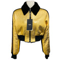 Load image into Gallery viewer, Fendi Gold Metallic / Brown FF Logo Trimmed Crinkled Lambskin Leather Cropped Zip Front Jacket with Black Lamb Shearling Lining