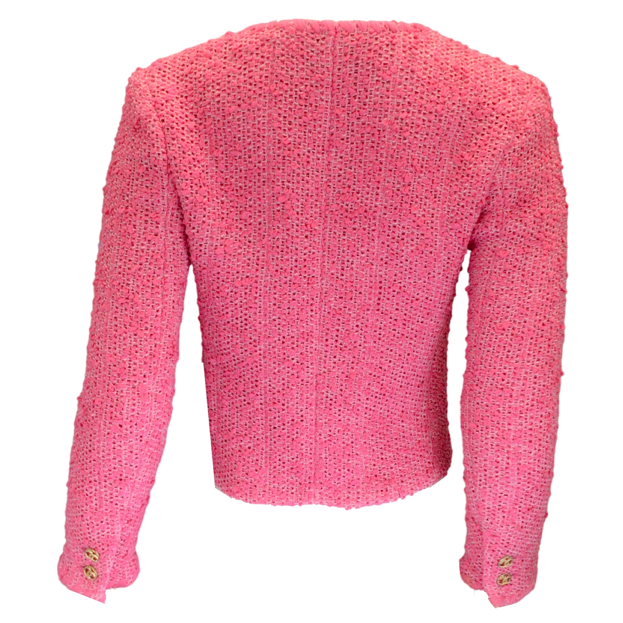 Chanel Pink CC Logo Buttoned Woven Boucle Knit Jacket