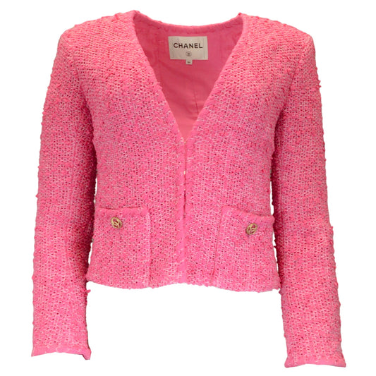 Chanel Pink CC Logo Buttoned Woven Boucle Knit Jacket