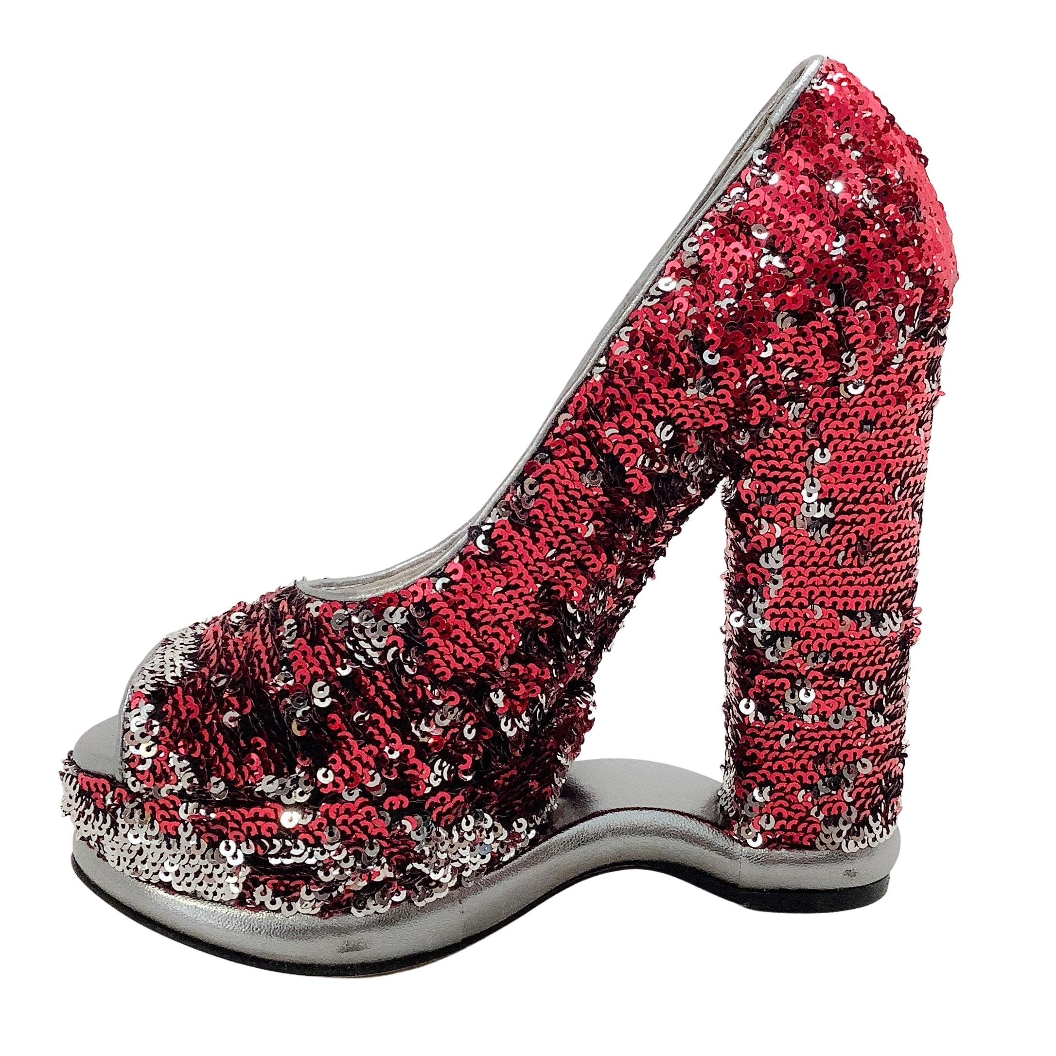 Dolce & Gabbana Red / Silver Sequined Peep Toe Platform Pumps