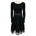 Load image into Gallery viewer, Lela Rose Black Long Sleeved Flared Knit Dress with Embroidered Lattice Lace Trim