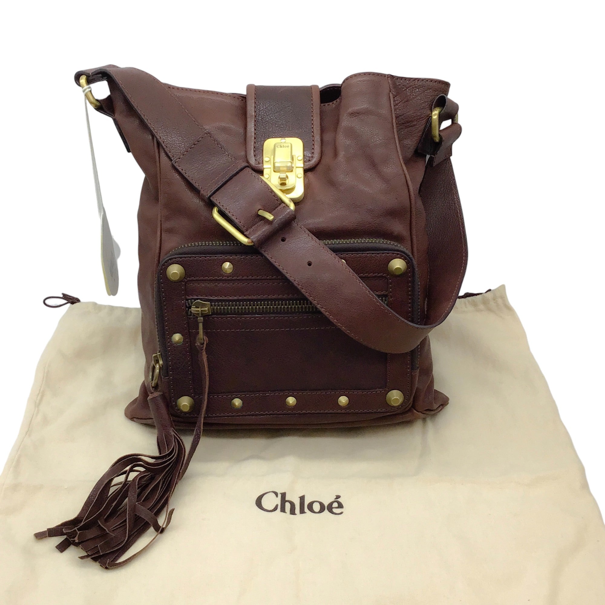Chloe Chocolate Leather Shoulder Bag with Gold Studs
