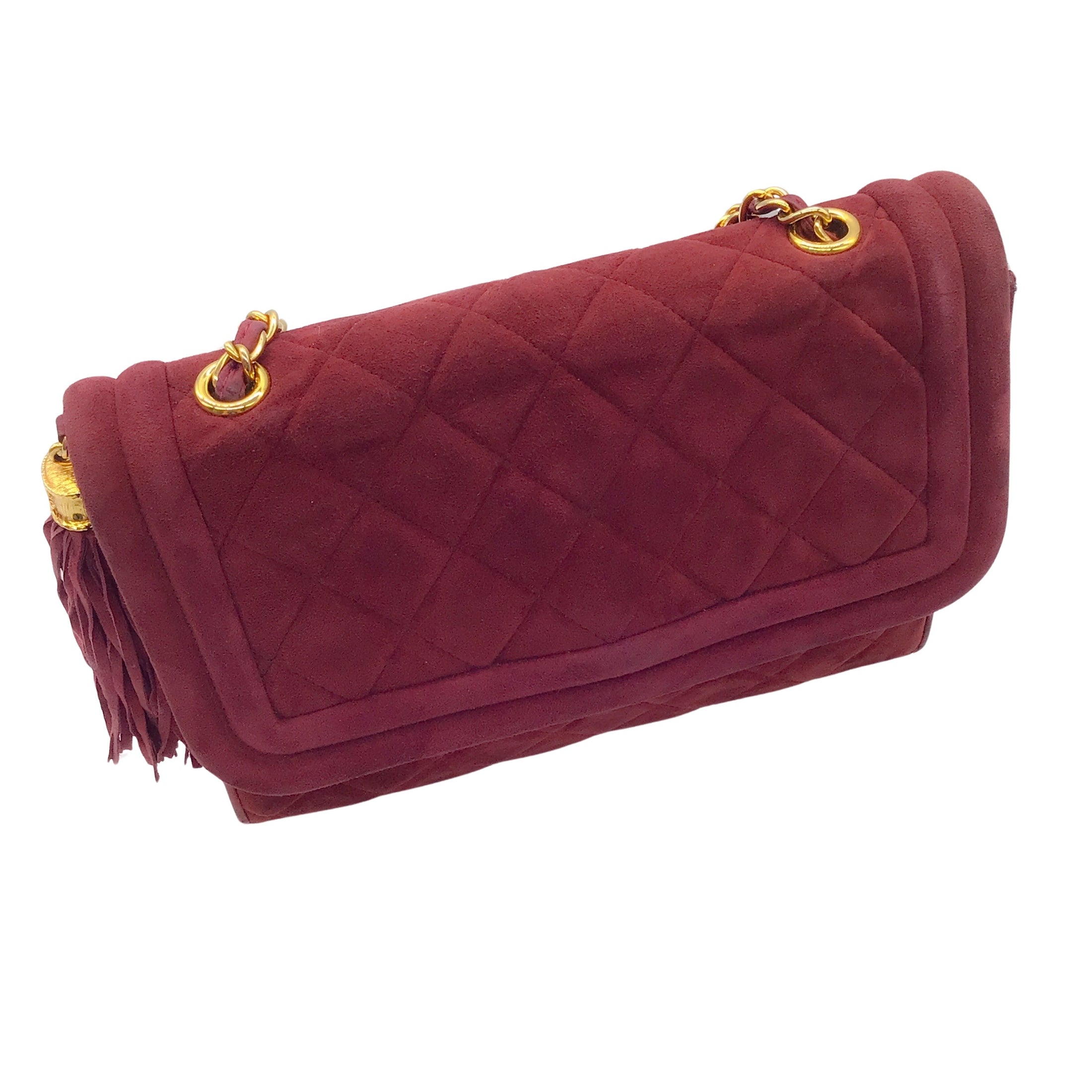 Chanel Vintage Burgundy / Gold Tassel Detail Quilted Suede Leather Handbag