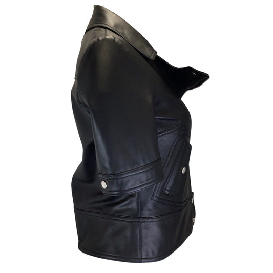 Michael Kors Collection Black Short Sleeved Moto Zip Lambskin Leather Jacket
