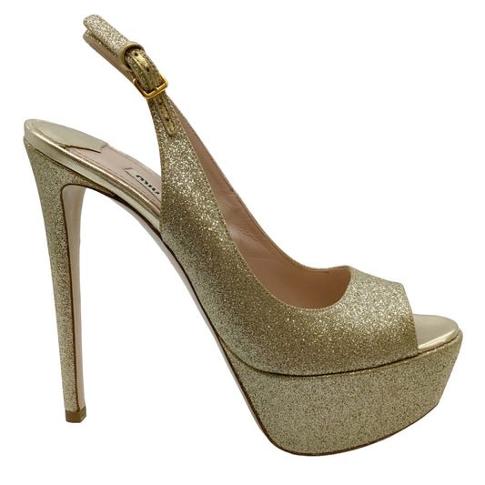 Miu Miu Gold Glitter Platform Peep Toe Sandals