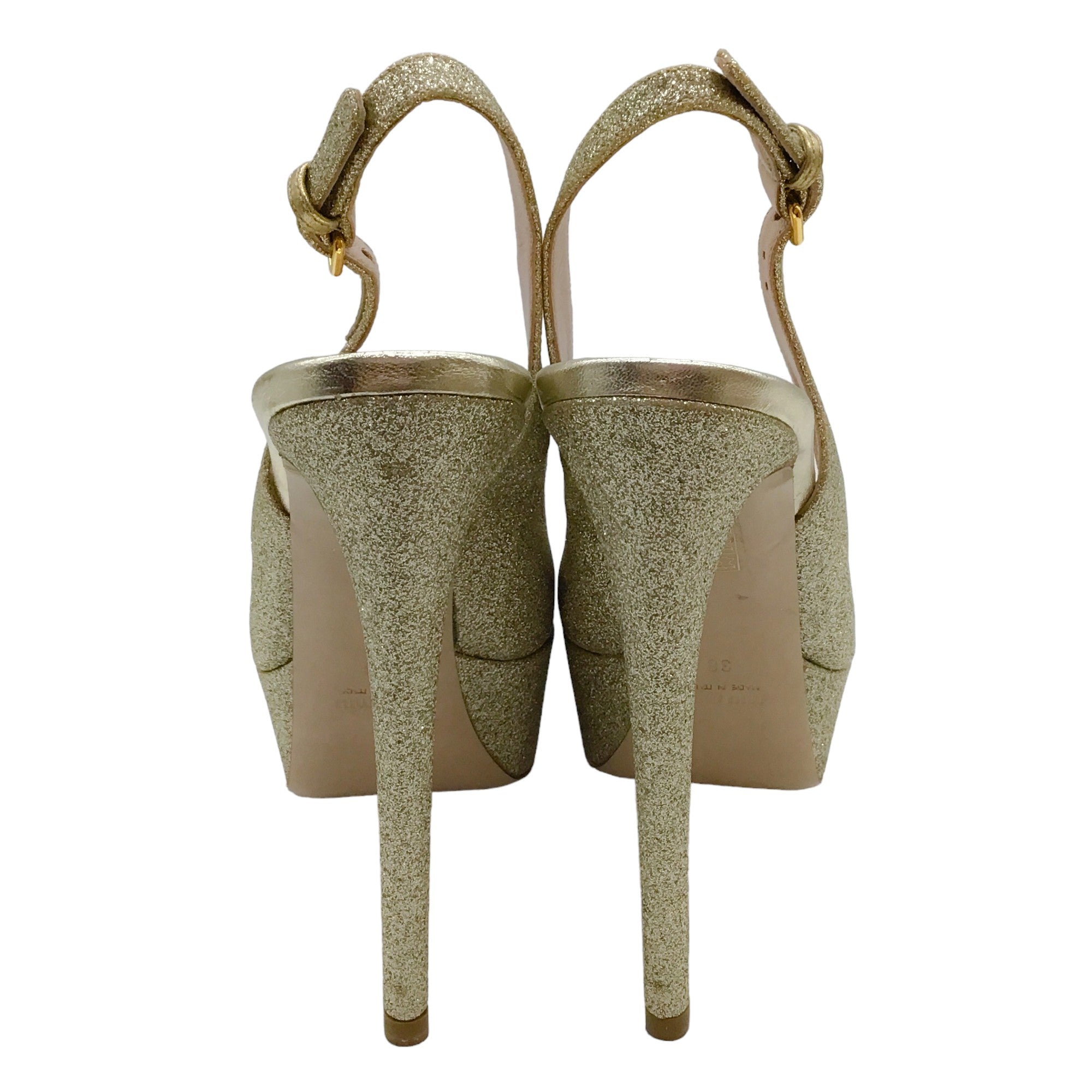 Miu Miu Gold Glitter Platform Peep Toe Sandals
