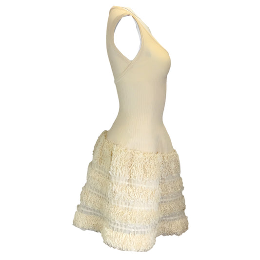 Alaia Ivory Ruffled Sleeveless Scoop Neck Silk Knit Dress