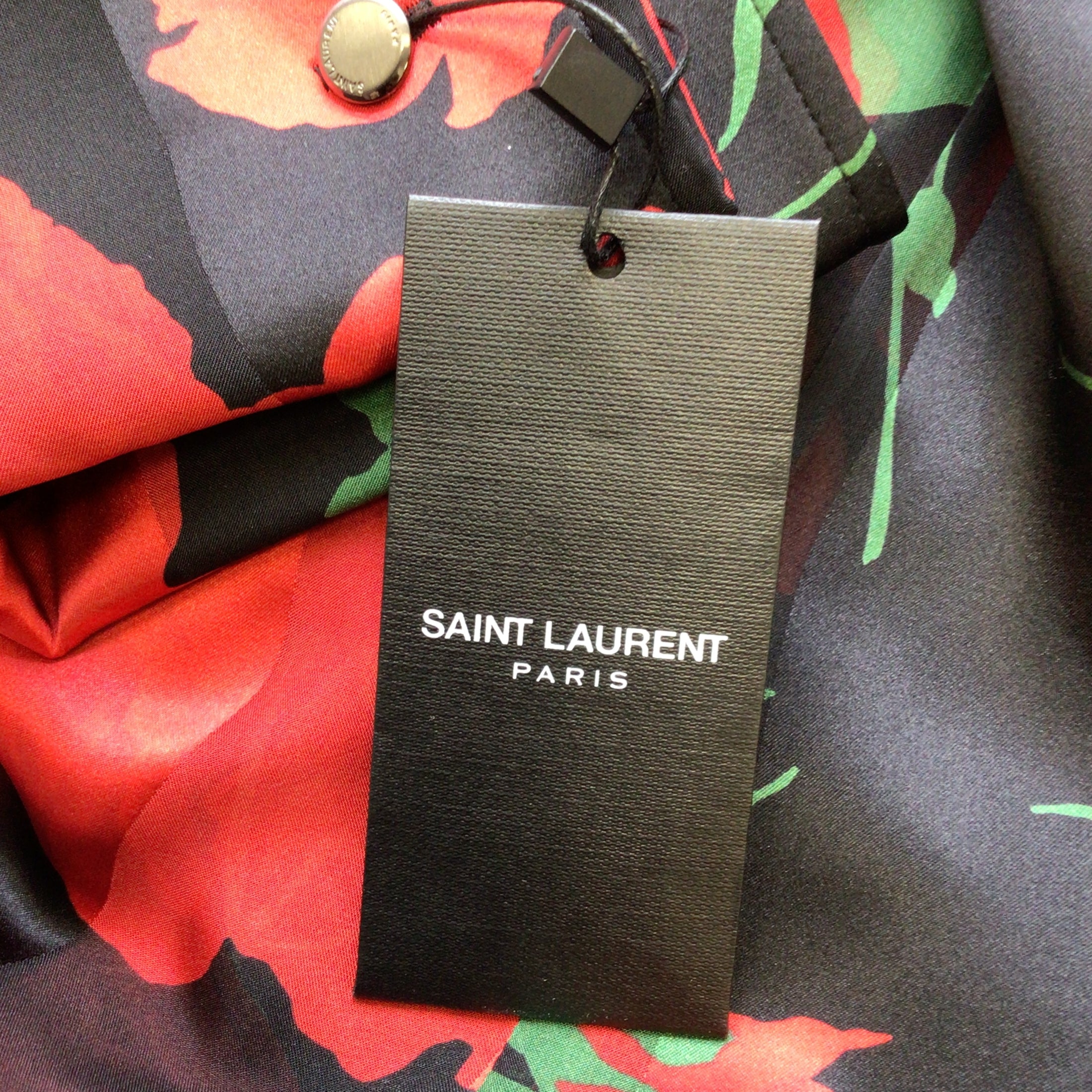 Saint Laurent Black / Red / Green 2022 Floral Rose Print Button-down Silk Shirt