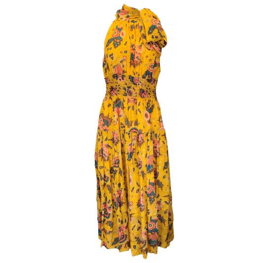 Ulla Johnson Mustard Silk Georgette Waterlily Print Maya Midi Dress