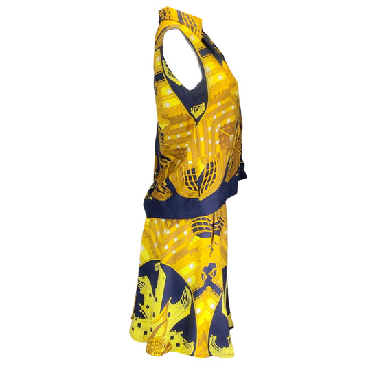 Hermes Vintage Navy Blue / Gold Scarf Print Silk Blouse and Skirt Two-Piece Set
