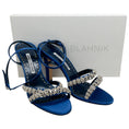 Load image into Gallery viewer, Manolo Blahnik Blue Satin Crystal Embellished Vedada Sandalsh