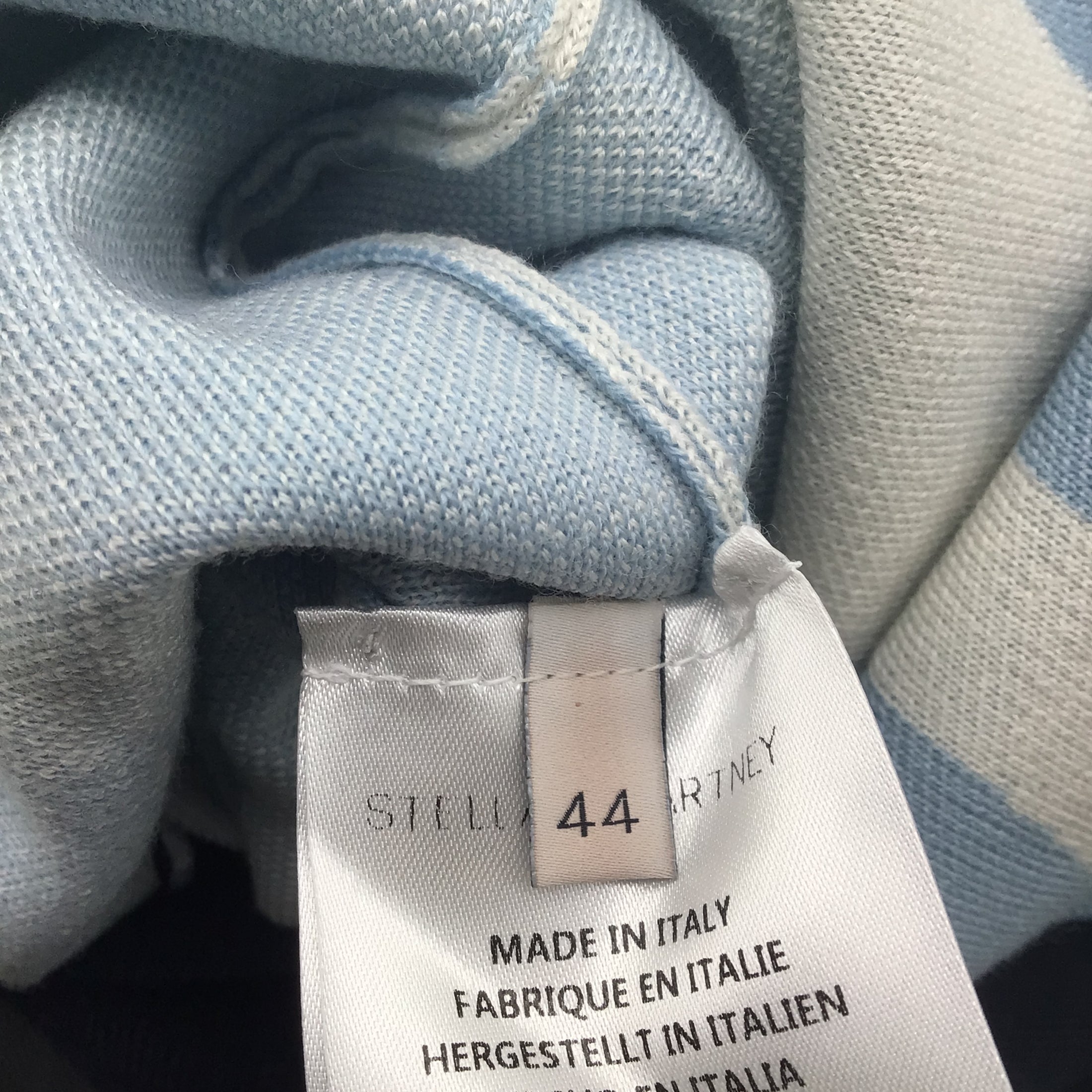 Stella McCartney Navy Blue / White / Light Blue Long Sleeved Wool Knit Midi Dress