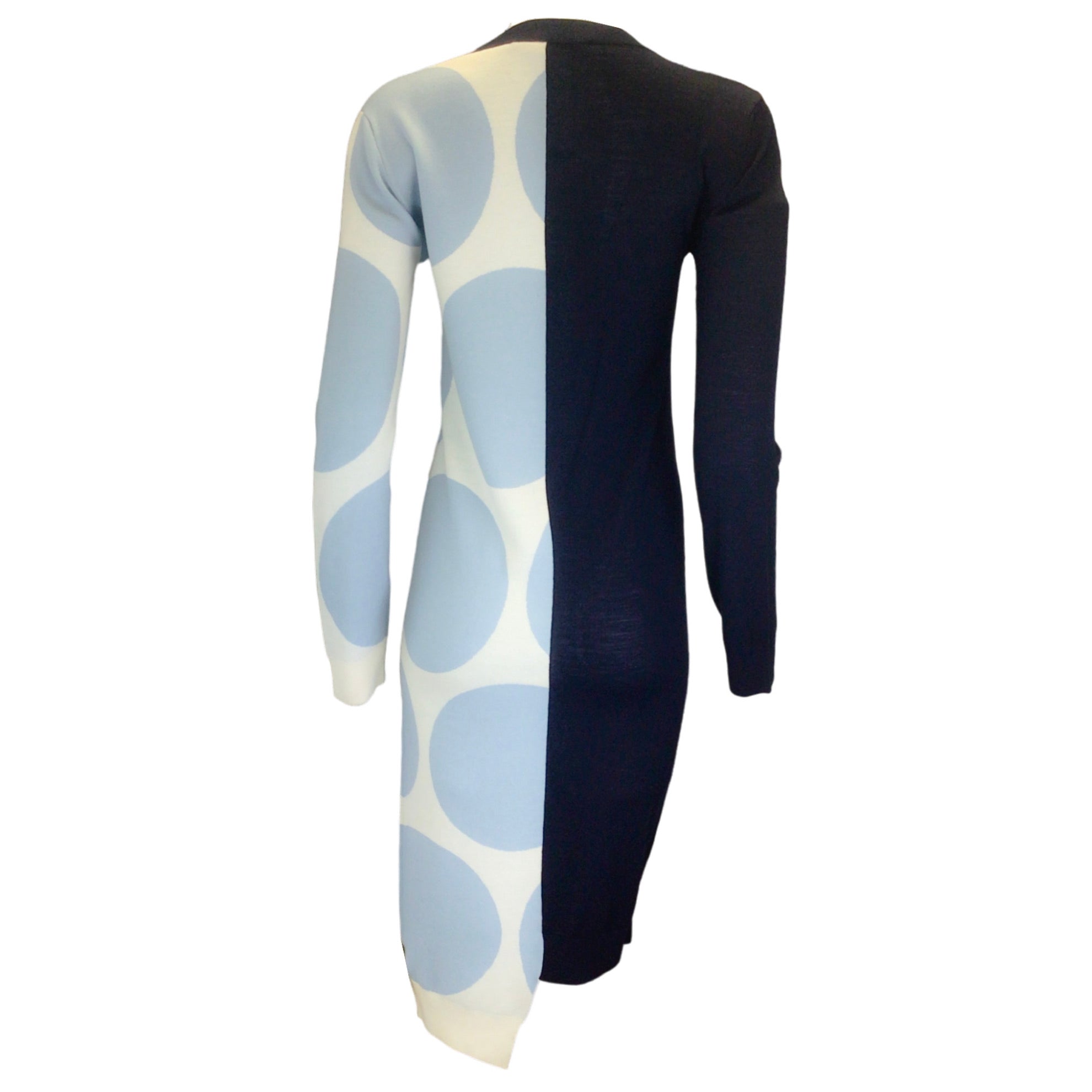 Stella McCartney Navy Blue / White / Light Blue Long Sleeved Wool Knit Midi Dress