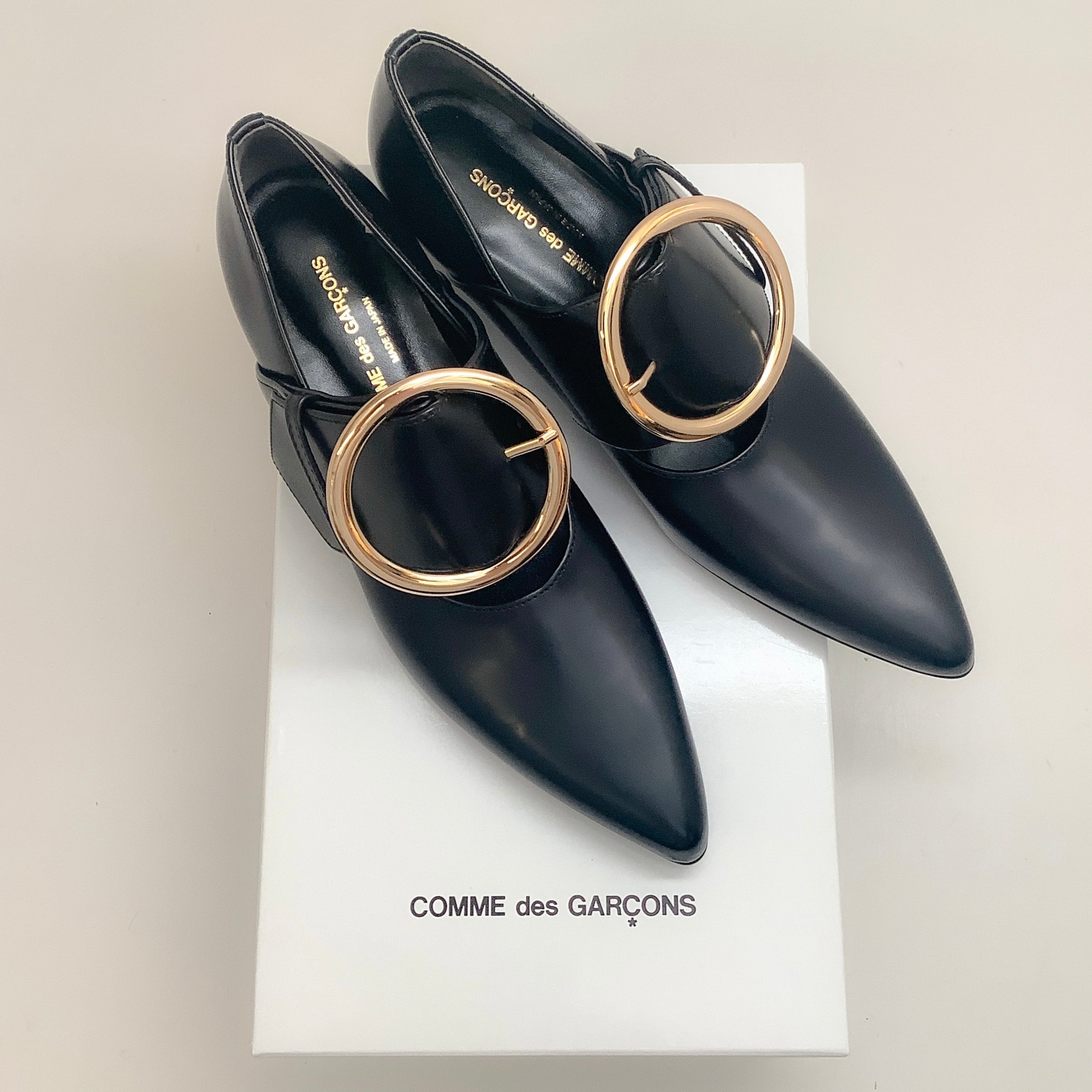 Comme des Garcons Black Leather Kitten Heel Pumps with Gold Buckle