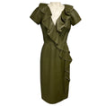 Load image into Gallery viewer, Oscar de la Renta Olive Green Ruffled Short Sleeved Leather Midi Dress