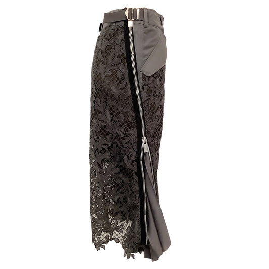 Sacai Grey Lace and Techno Asymmetric Zipper Midi Skirt